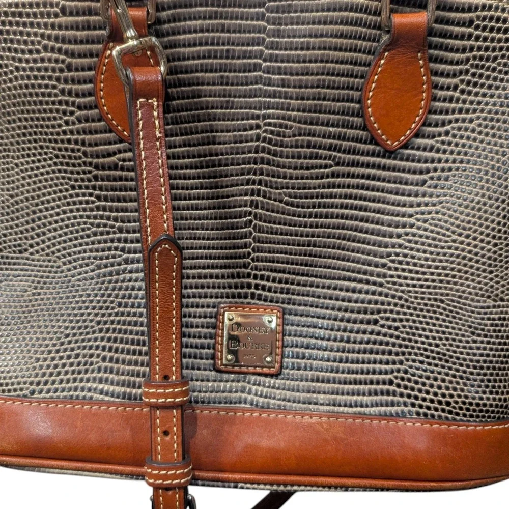 Dooney and Bourke Snake Skin Embossed Leather Satchel Dome Bag Grey Brown Strap